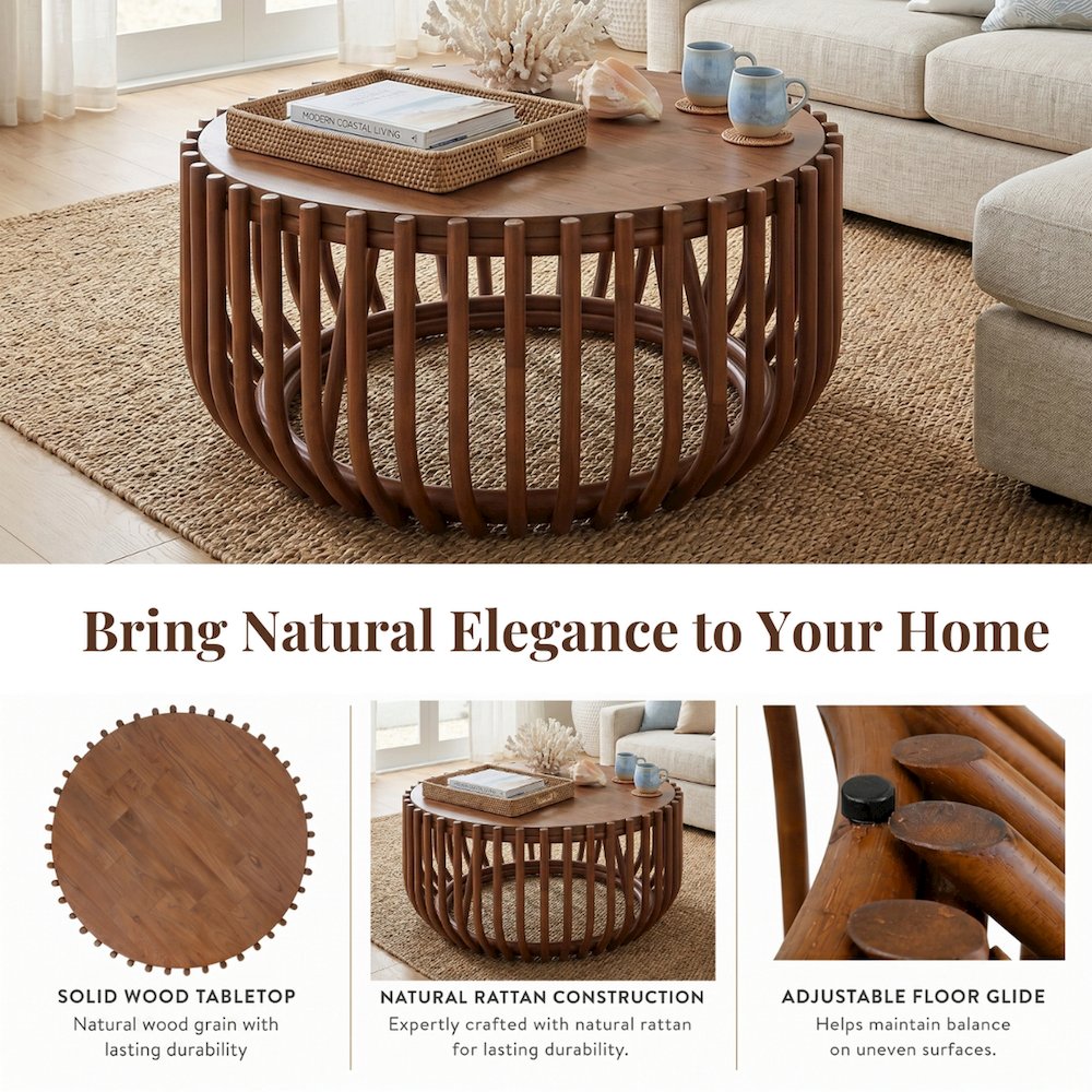 Bexa Coffee Table - Cane Brown Rattan Base - Wood Top