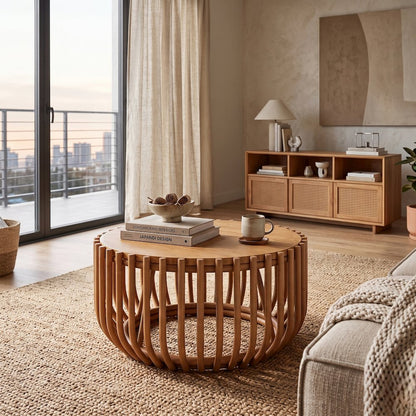 Bexa Coffee Table - Honey Rattan Base - Wood Top