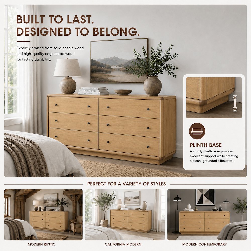 Rosette 6-Drawer Dresser - Light Natural