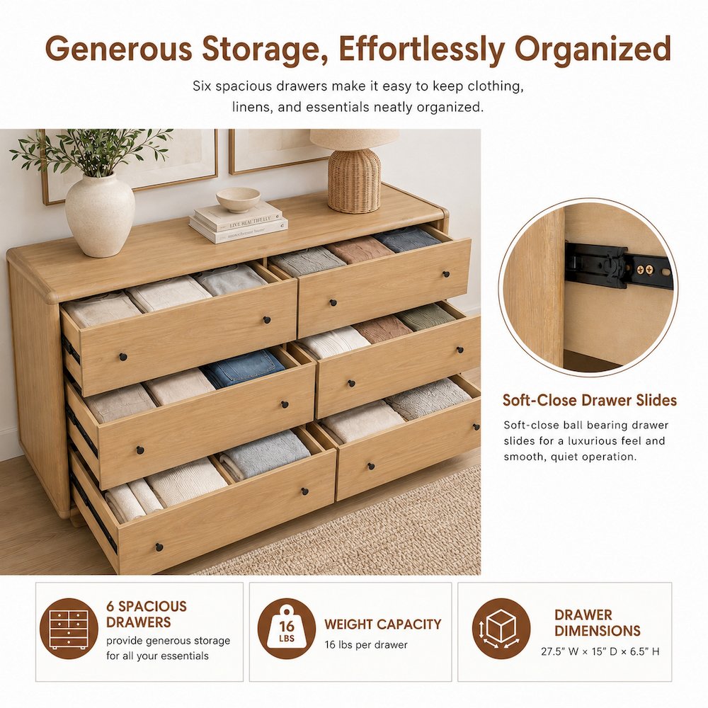 Rosette 6-Drawer Dresser - Light Natural