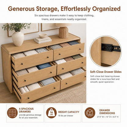 Rosette 6-Drawer Dresser - Light Natural