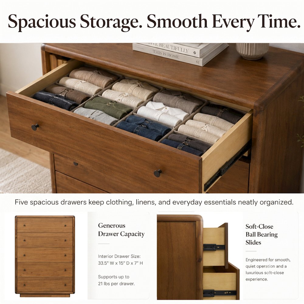 Rosette 5-Drawer Dresser - Hazelnut Brown