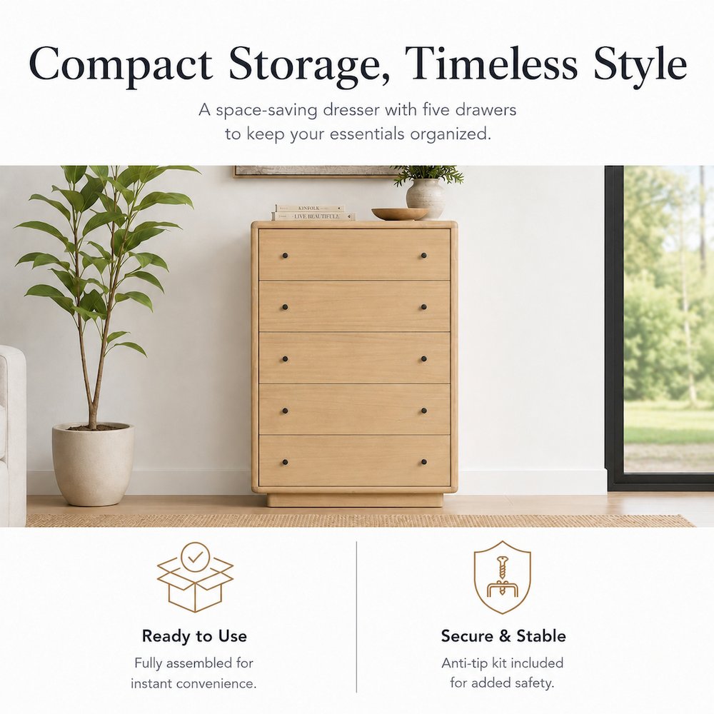 Rosette 5-Drawer Dresser - Light Natural