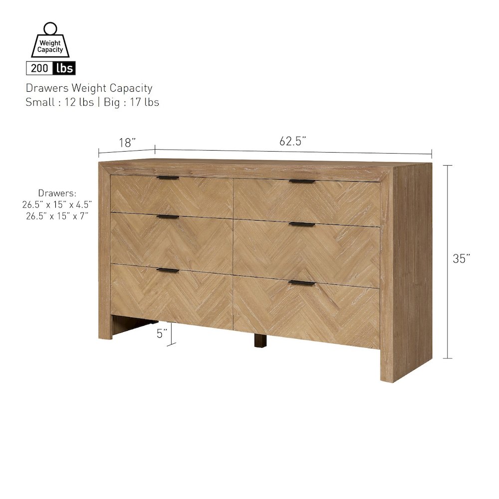 Kingston Herringbone 6-Drawer Dresser - Light Natural