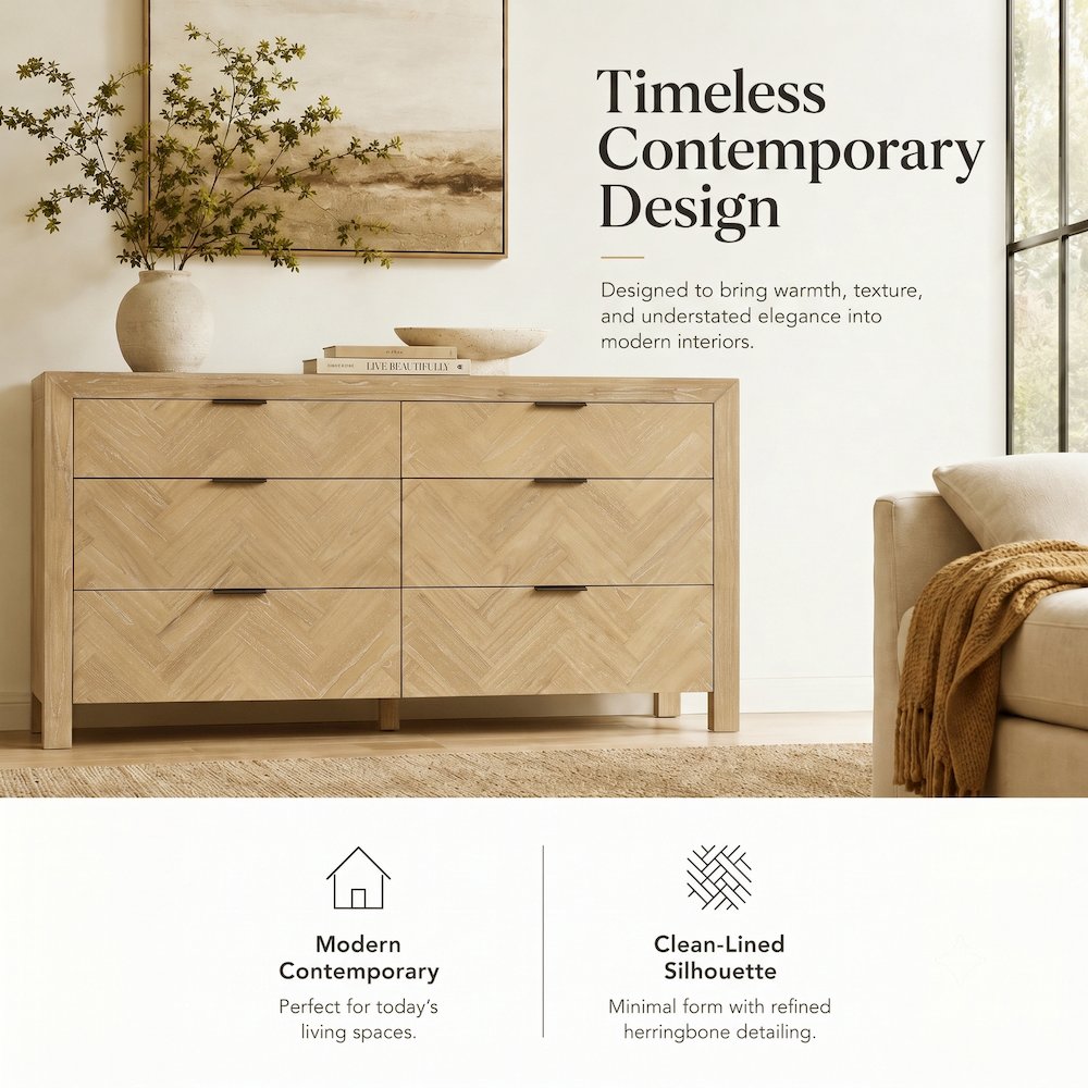 Kingston Herringbone 6-Drawer Dresser - Light Natural