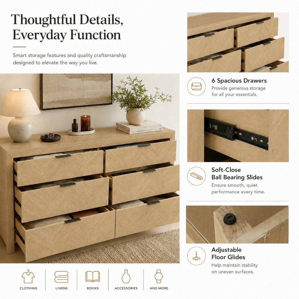 Kingston Herringbone 6-Drawer Dresser - Light Natural