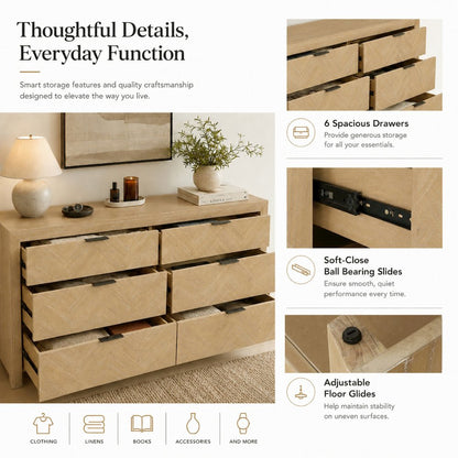 Kingston Herringbone 6-Drawer Dresser - Light Natural