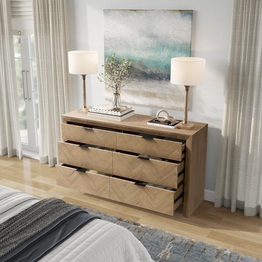 Kingston Herringbone 6-Drawer Dresser - Light Natural