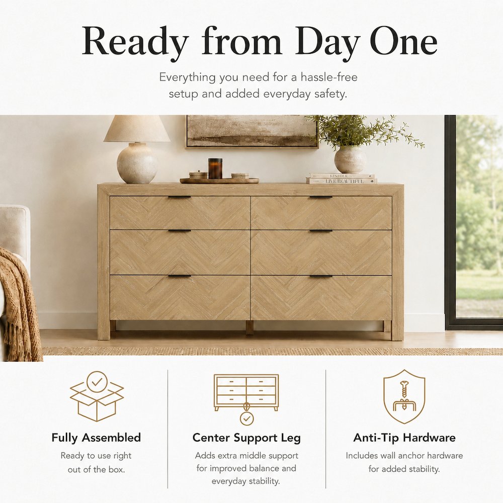 Kingston Herringbone 6-Drawer Dresser - Light Natural