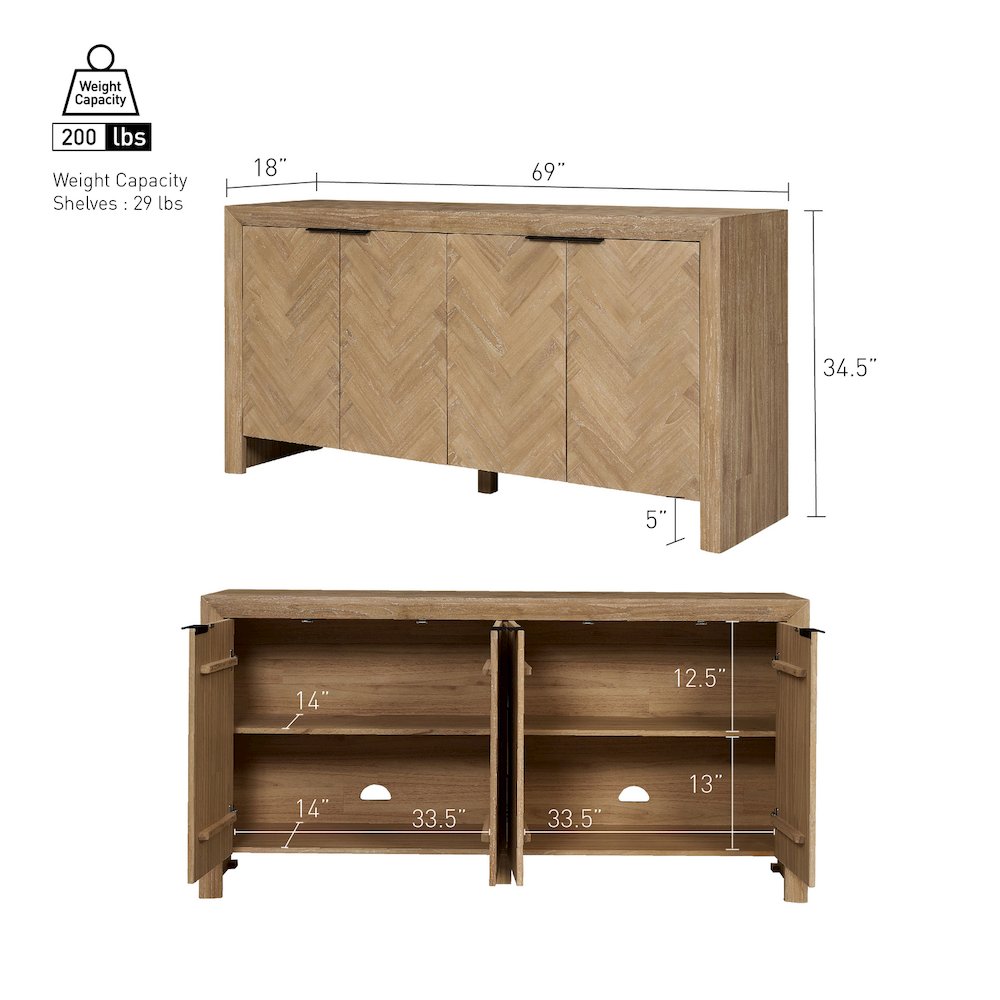 Kingston Herringbone 4-Door Sideboard - Light Natural