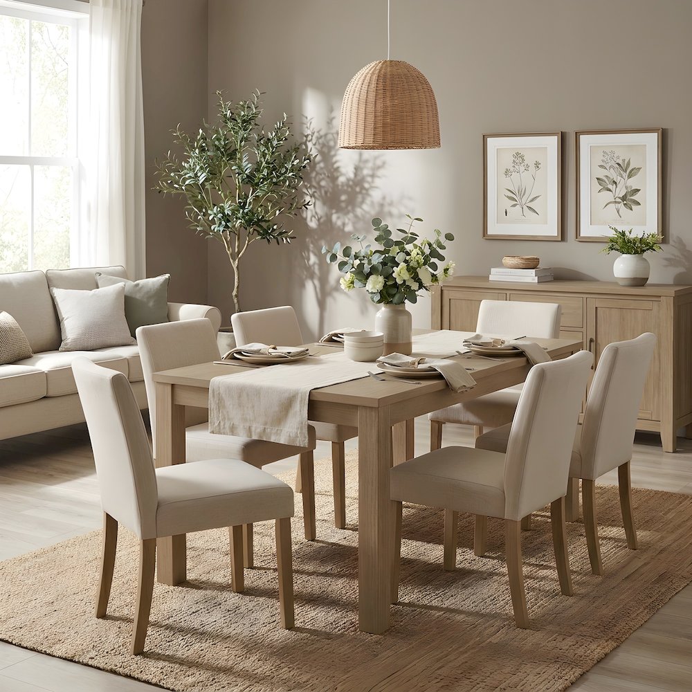 Solid Acacia Wood Dining Table with Japandi-Style Natural Finish, Seats Six
