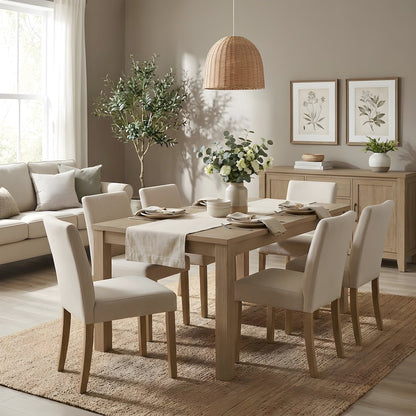 Solid Acacia Wood Dining Table with Japandi-Style Natural Finish, Seats Six