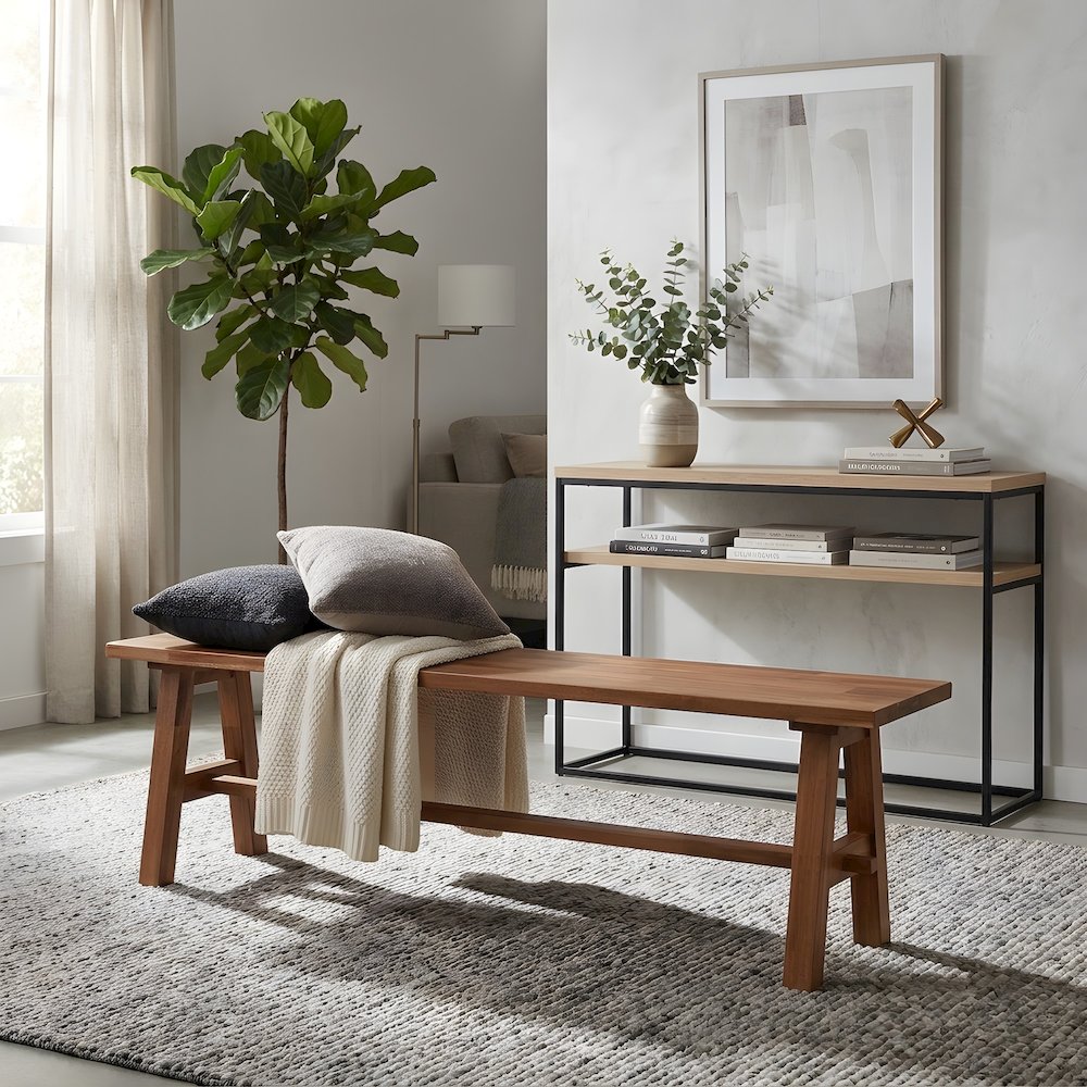 Solid Acacia Wood Dining Bench with Trestle Base and Square Seat for Dining Room
