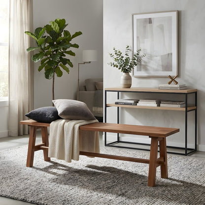 Solid Acacia Wood Dining Bench with Trestle Base and Square Seat for Dining Room
