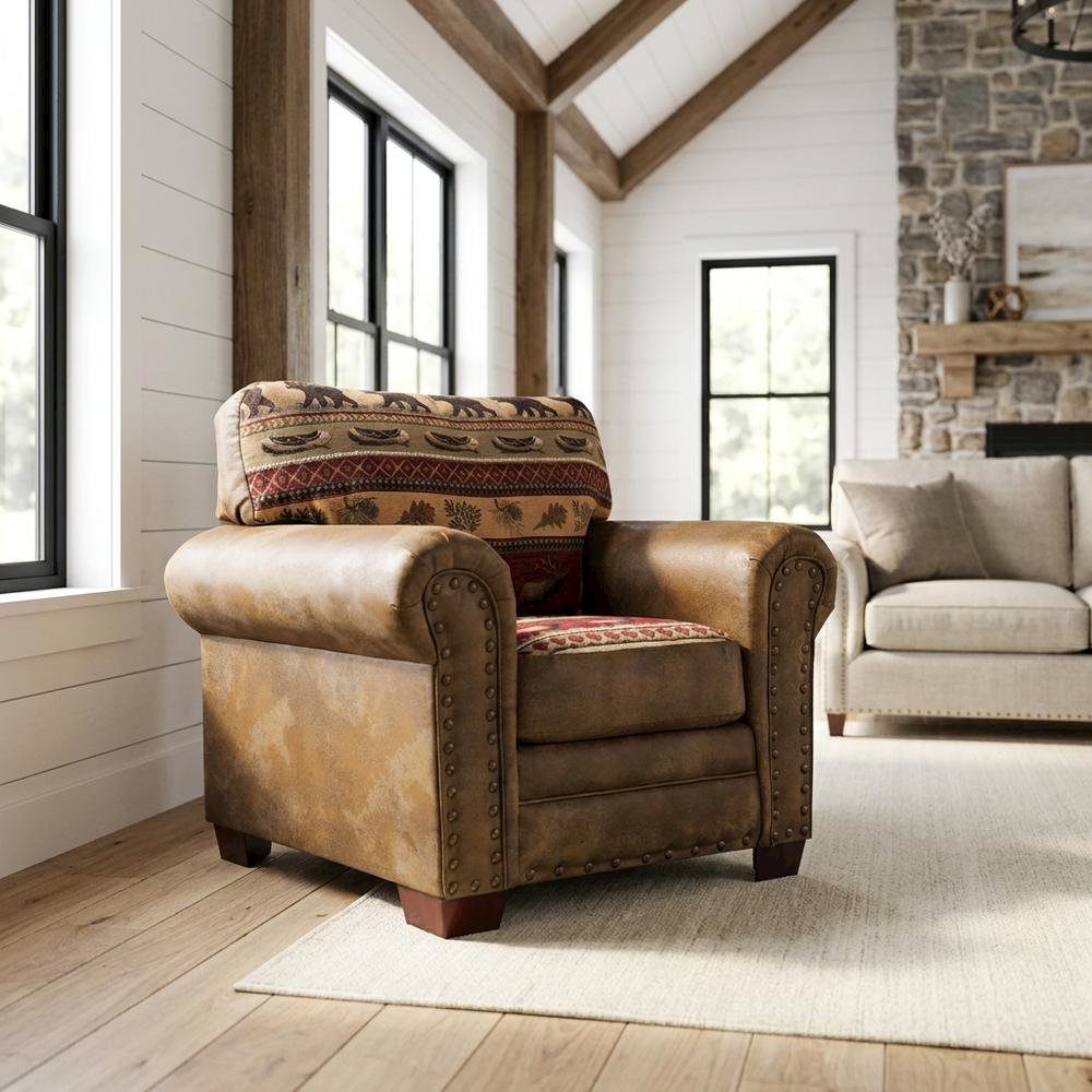 Cotton Microfiber Accent Armchair with Rustic Wooden Log Frame for Living Room