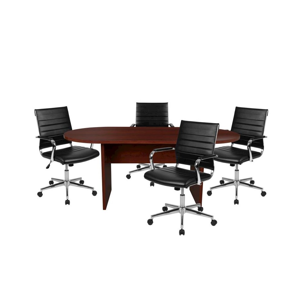 5 Piece Mahogany Oval Conference Table Set with 4 Black LeatherSoft Ribbed Executive Chairs