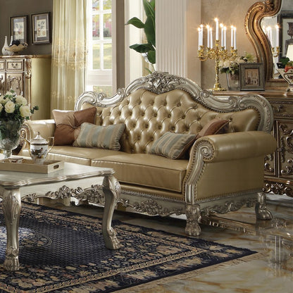 Dresden Sofa w/4 Pillows, Bone Leatherette & Gold Patina