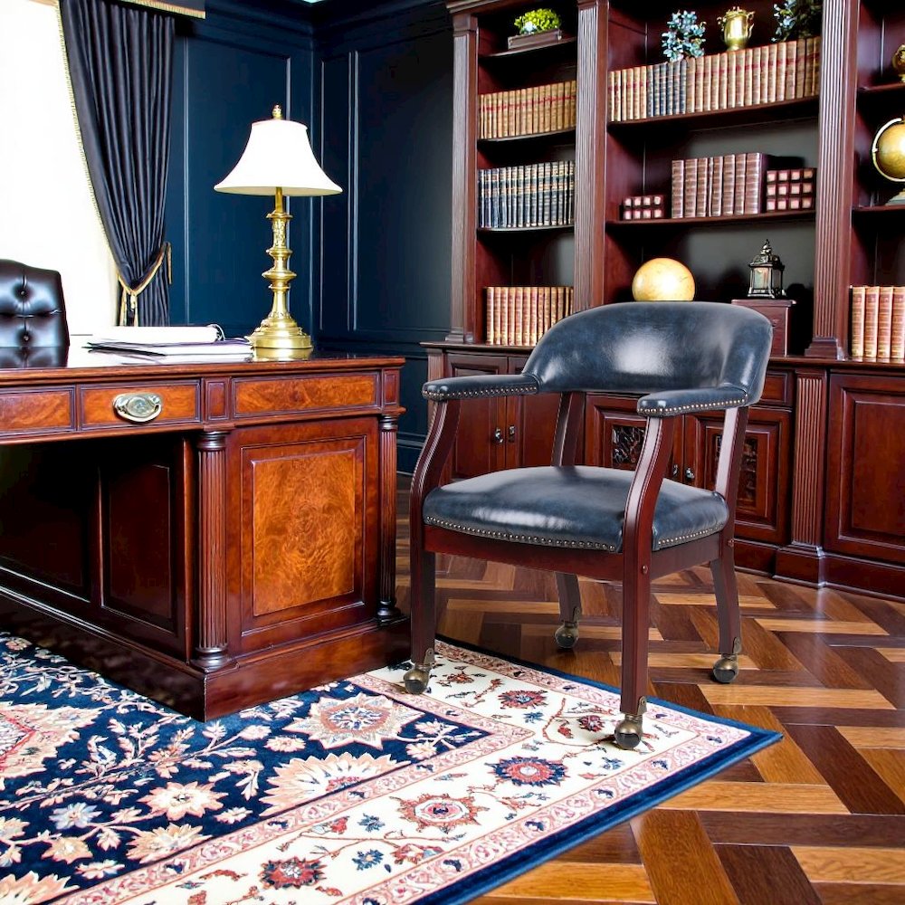 Blue Wooden Chair With Arms, Dining or Kitchen Chair With Casters