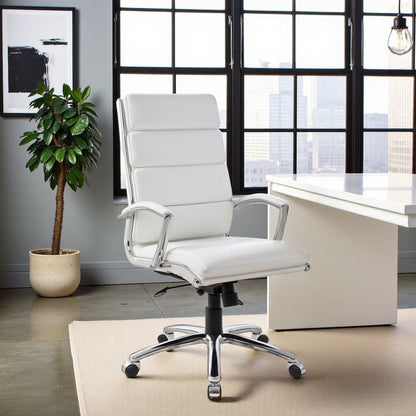 White Desk Chair With Chrome Base, Modern Conference Room Chair With Wheels