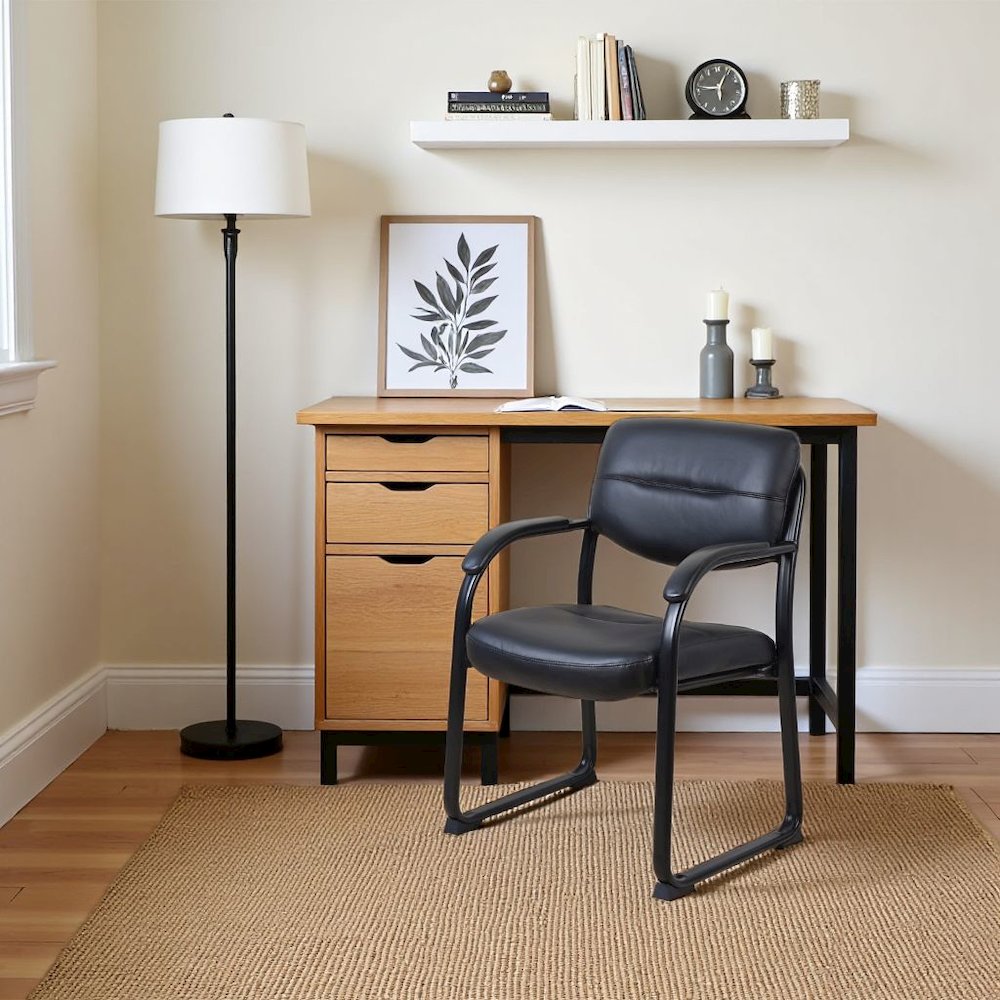 Black Guest Chair With Vinyl Seat, Office Chair No Wheels