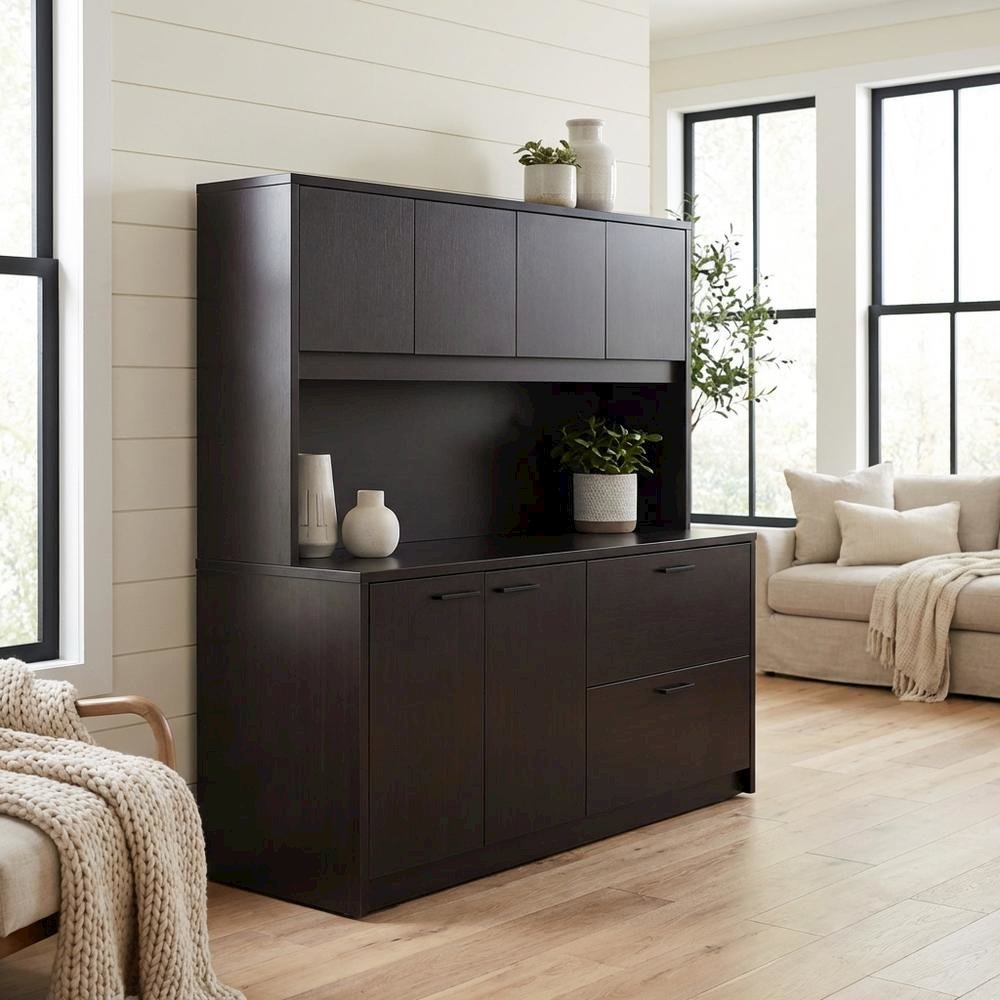 Mocha 66-Inch Four-Door Hutch with Ample Storage and Elegant Finish