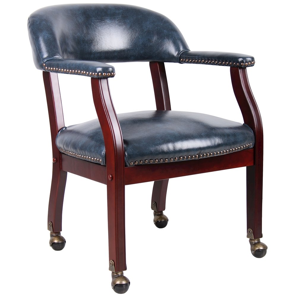 Blue Wooden Chair With Arms, Dining or Kitchen Chair With Casters