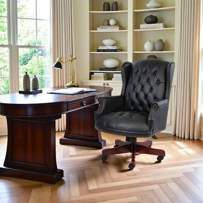 Black Faux Leather Office Chair, Executive Chair With Wood Accents On Base