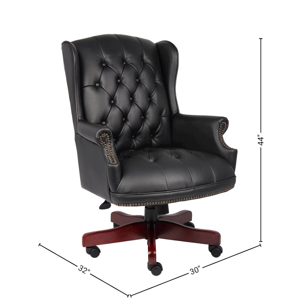 Black Faux Leather Office Chair, Executive Chair With Wood Accents On Base