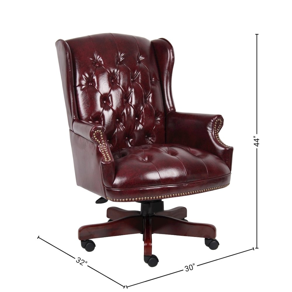 Burgundy Faux Leather Office Chair, Executive Chair With Wood Accents On Base