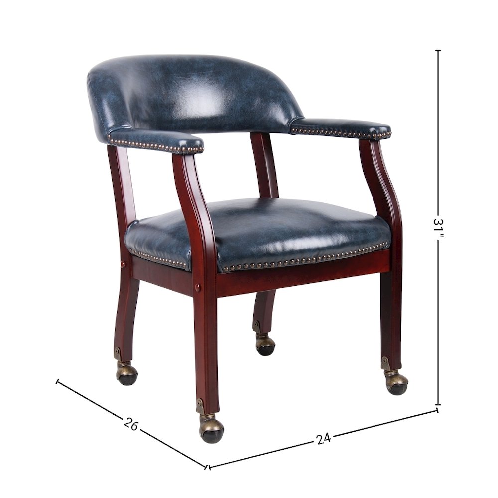 Blue Wooden Chair With Arms, Dining or Kitchen Chair With Casters