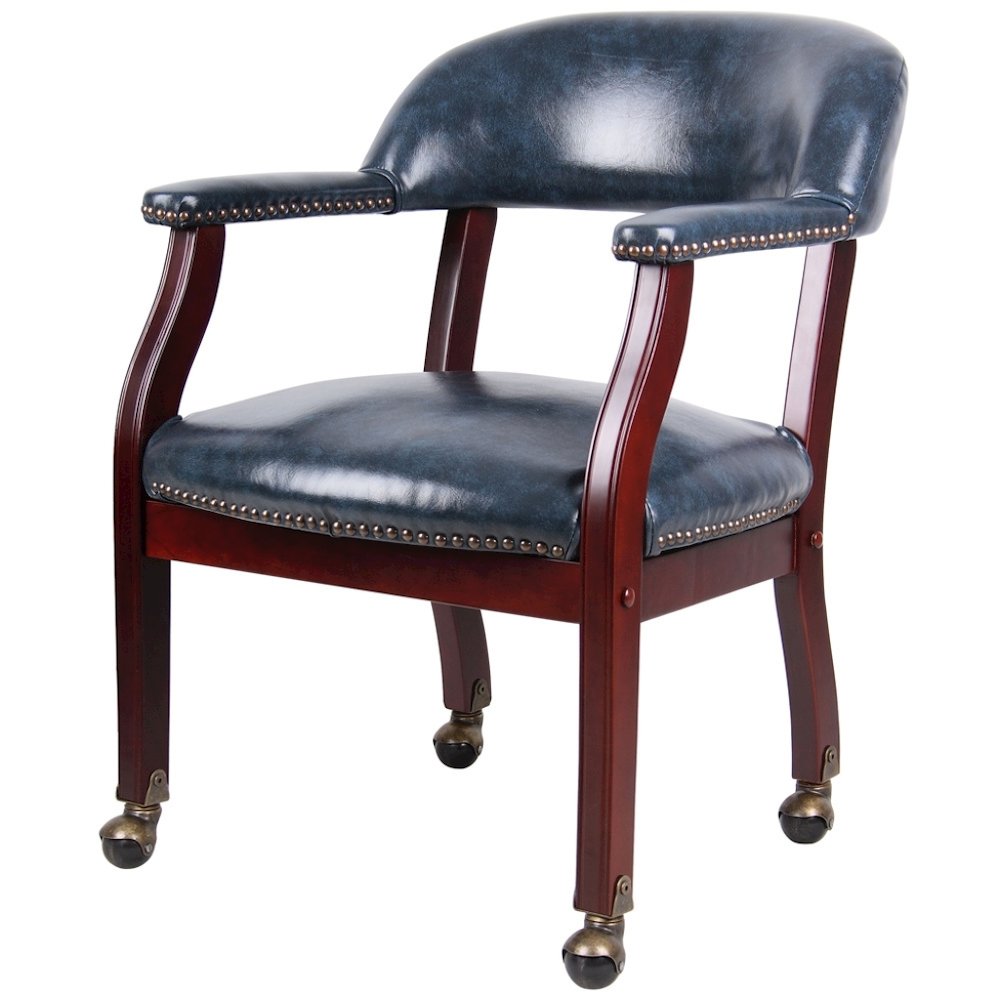 Blue Wooden Chair With Arms, Dining or Kitchen Chair With Casters