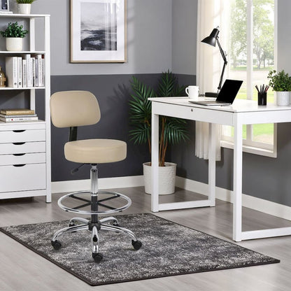 Beige Drafting Chair Office Stool With Back, Tall Work Stool On Wheels