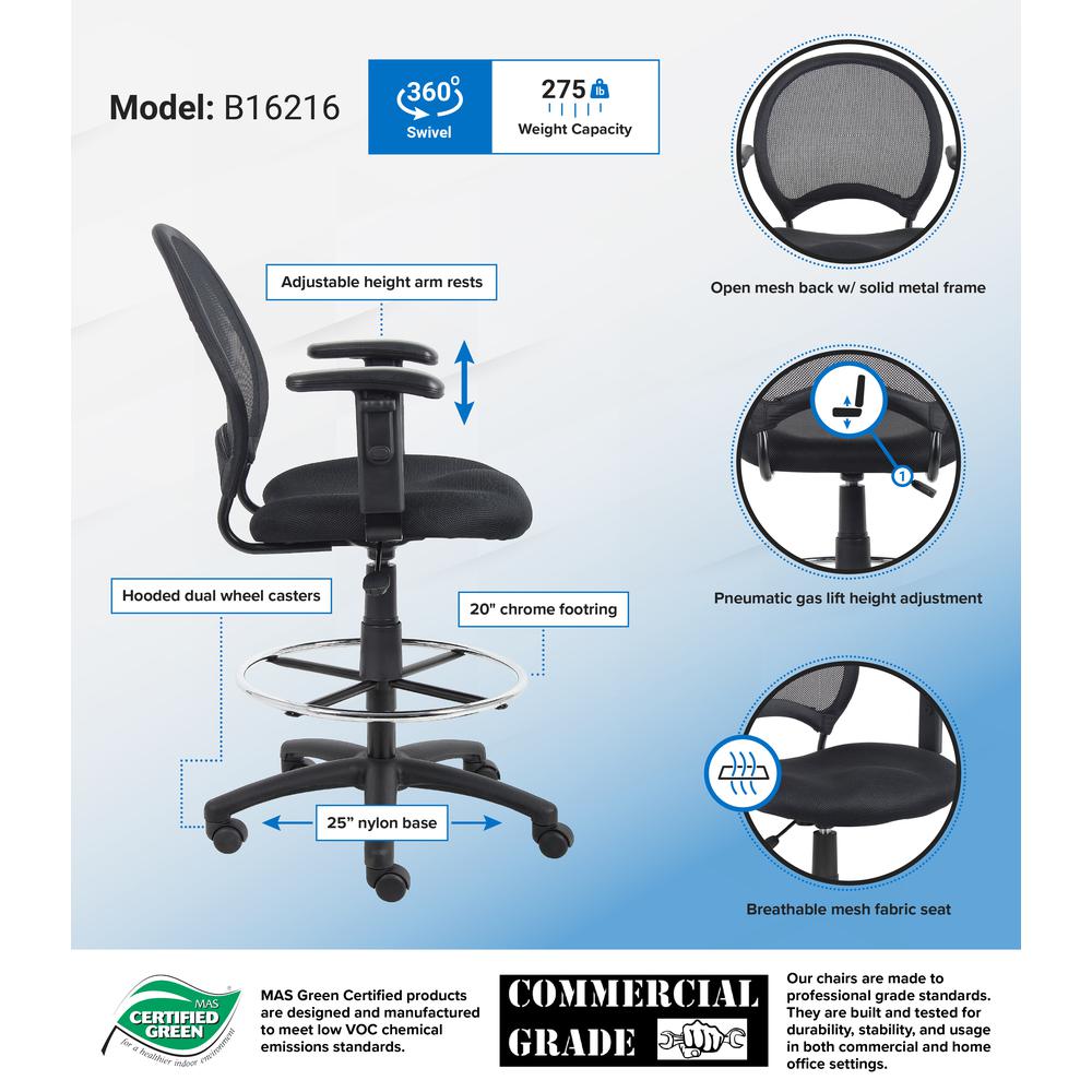 Boss Mesh Drafting Stool W/ Adjustable Arms