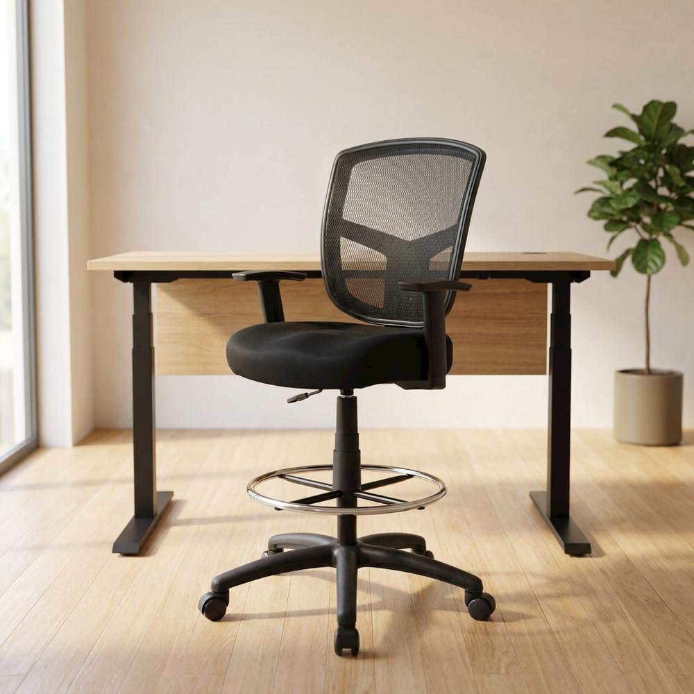 Mesh Drafting Stool with Adjustable Arms, Nylon Base, and Dual-Wheel Casters