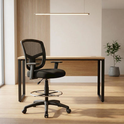 Mesh Drafting Stool with Adjustable Arms, Nylon Base, and Dual-Wheel Casters