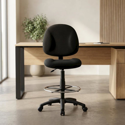 Tweed-Upholstered Drafting Stool with Footring and Adjustable Seat Height