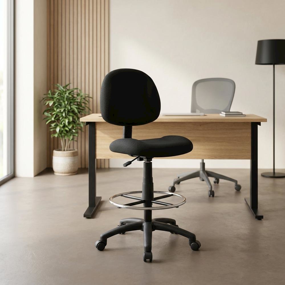 Tweed-Upholstered Drafting Stool with Footring and Adjustable Seat Height
