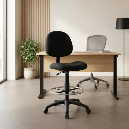Tweed-Upholstered Drafting Stool with Footring and Adjustable Seat Height