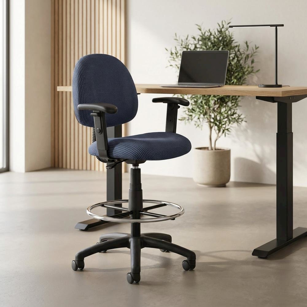 Tweed-Upholstered Drafting Task Stool with Footring and Adjustable Arms