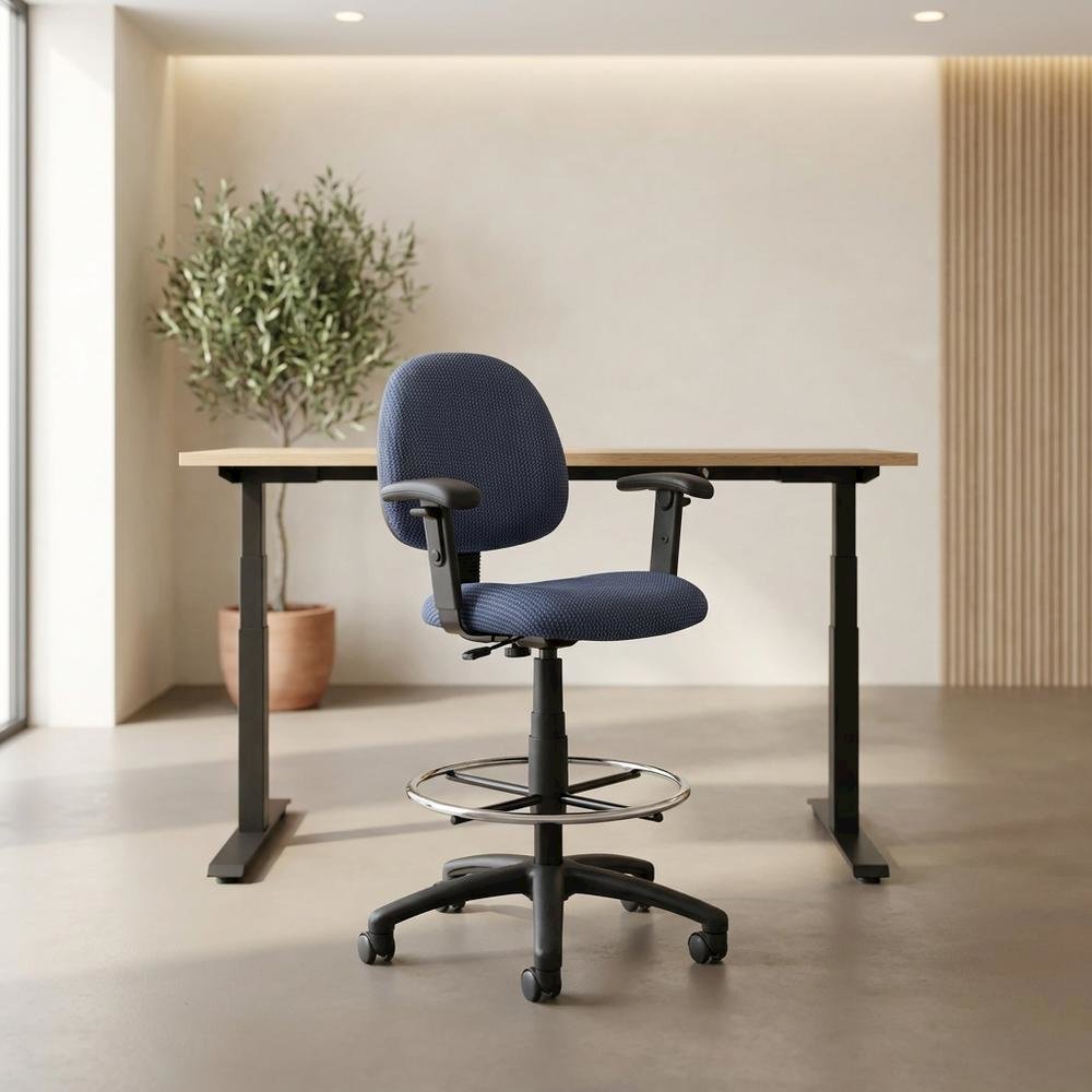 Tweed-Upholstered Drafting Task Stool with Footring and Adjustable Arms