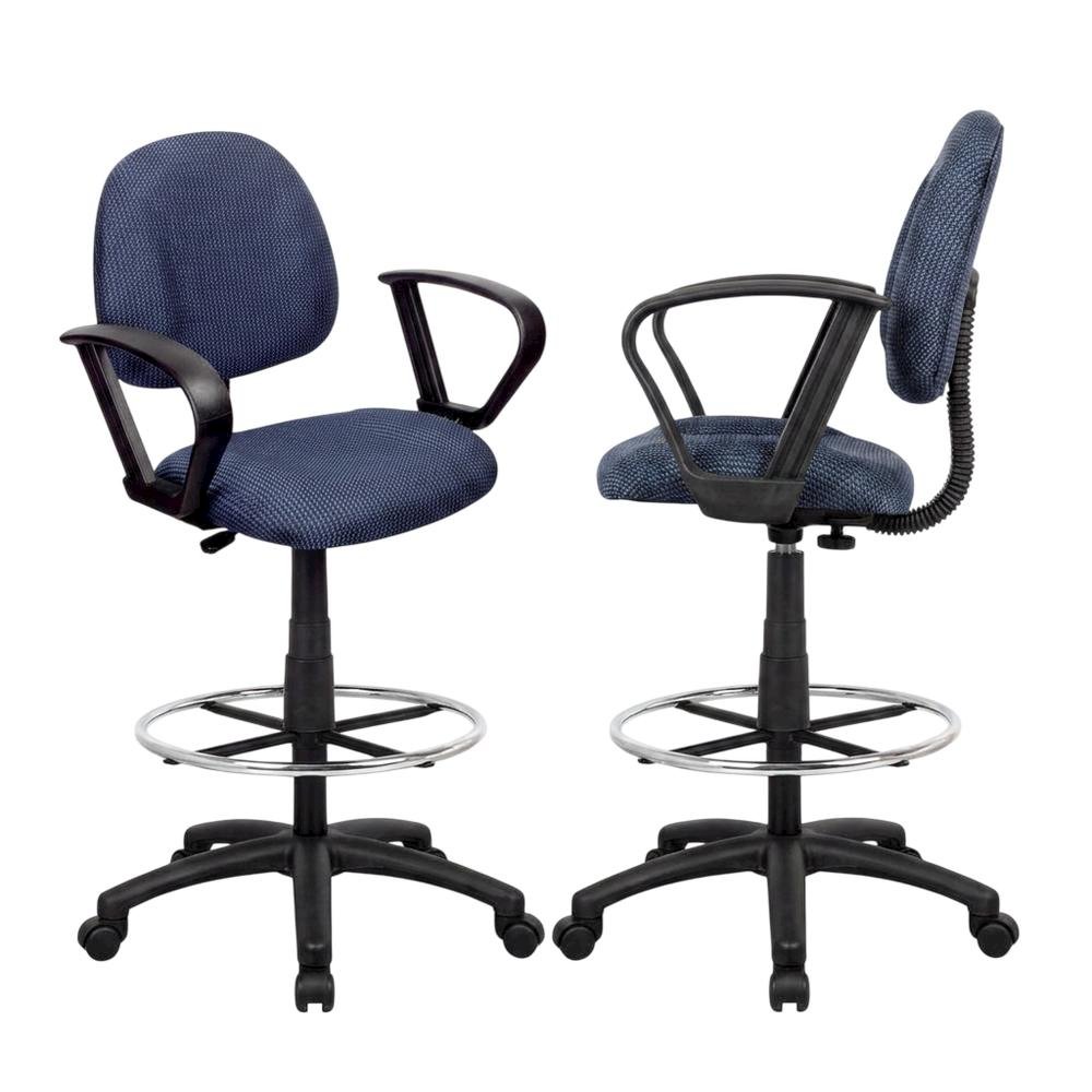 Tweed-Upholstered Drafting Stool with Footring, Loop Arms, and Nylon Base
