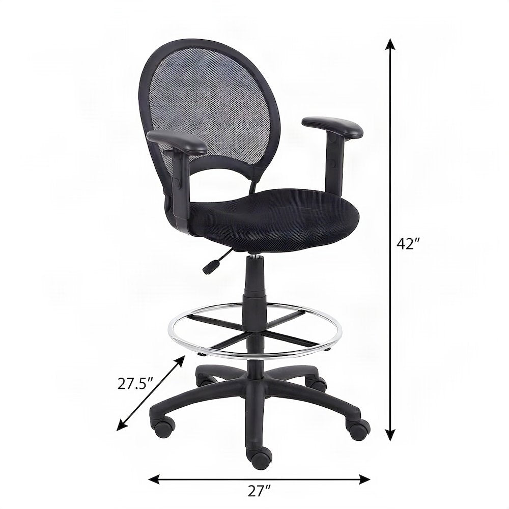 Bison Office Mesh Drafting Stool with Adjustable Arms and Nylon Base, Black