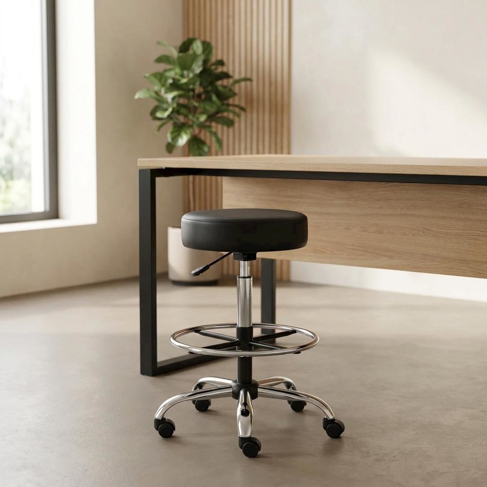Vinyl Drafting Stool with Gas Lift, Dual-Wheel Casters, and Chrome Base