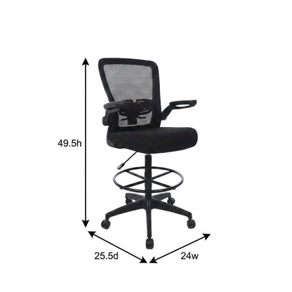 Mesh High-Back Drafting Stool with Flip Arms and Adjustable Seat Height, Black