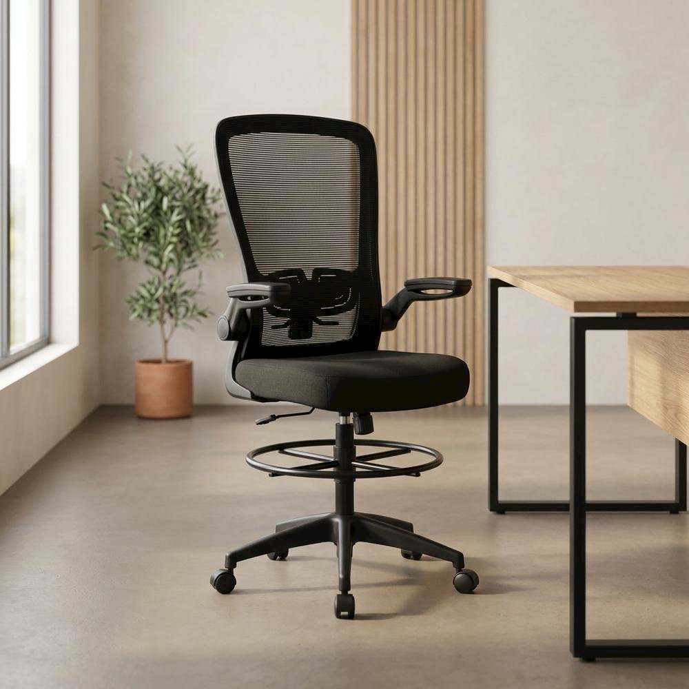 Mesh High-Back Drafting Stool with Flip Arms and Adjustable Seat Height, Black