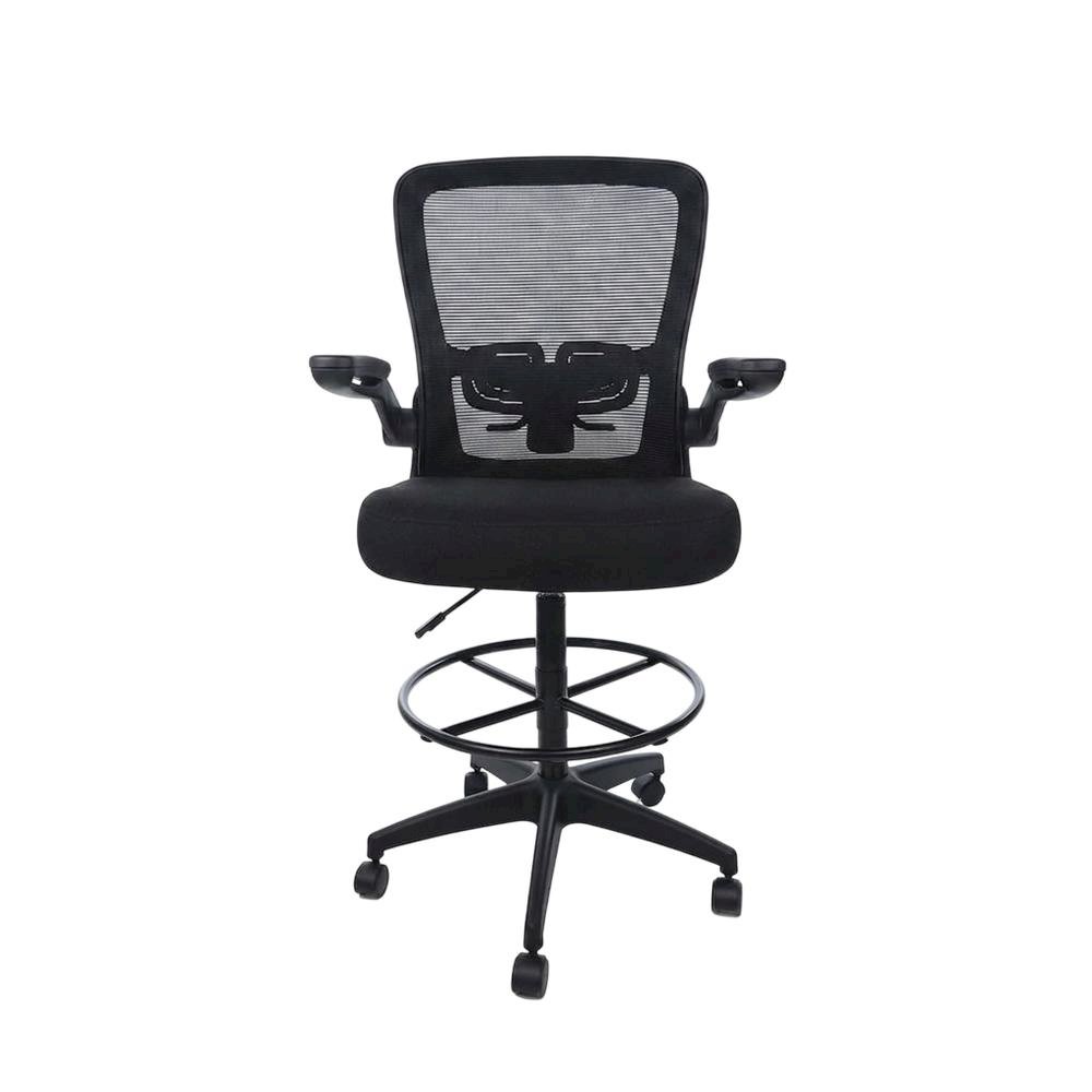 Mesh High-Back Drafting Stool with Flip Arms and Adjustable Seat Height, Black
