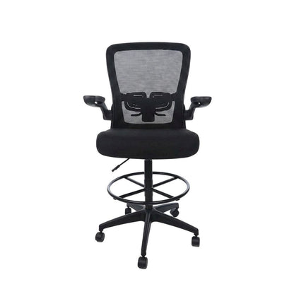 Mesh High-Back Drafting Stool with Flip Arms and Adjustable Seat Height, Black