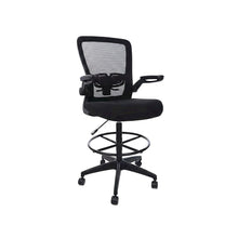 Mesh High-Back Drafting Stool with Flip Arms and Adjustable Seat Height, Black