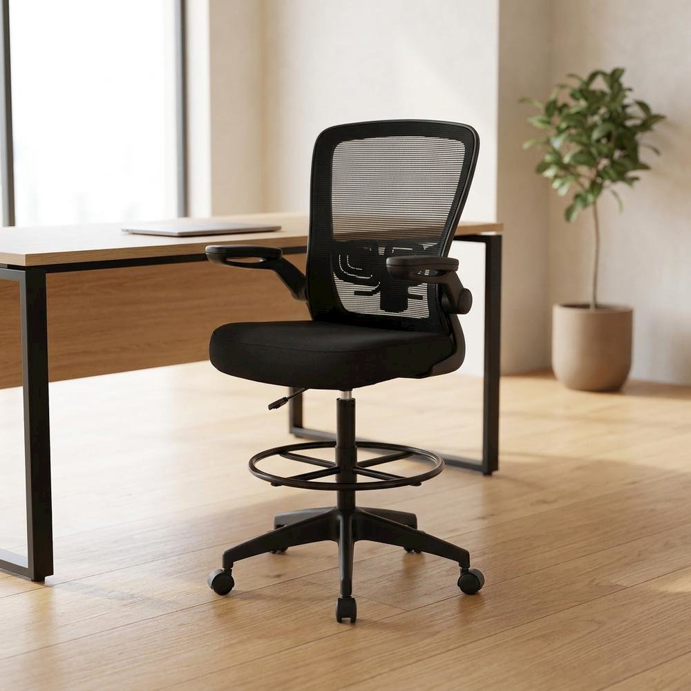 Mesh High-Back Drafting Stool with Flip Arms and Adjustable Seat Height, Black