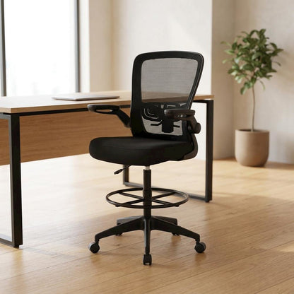 Mesh High-Back Drafting Stool with Flip Arms and Adjustable Seat Height, Black